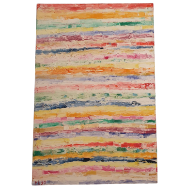 Abstraktes Gemälde mit horizontalen farbigen Streifen in Rosa, Gelb, Blau, Grün und Orange auf hellem Hintergrund.