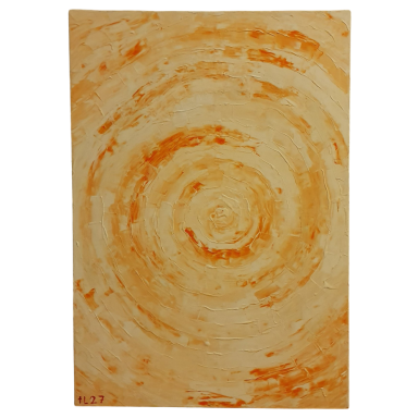 Abstraktes Gemälde mit konzentrischen Kreisen in Orange- und Cremetönen.