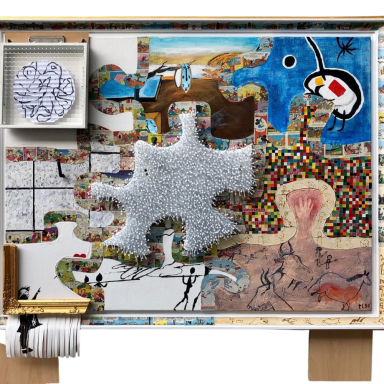 Collageartige Objektarbeit in einem Kastenrahmen mit farbigen Bildflächen, einer weißen zentralen Form, kleinen Zeichnungen und verschiedene