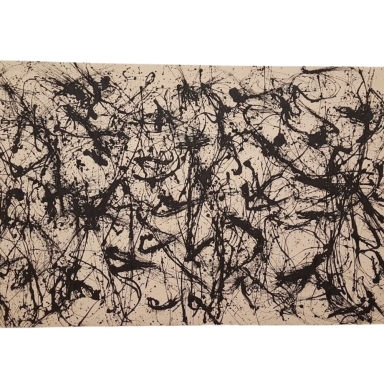 Abstraktes Bild mit schwarzen gestischen Linien und Spritzspuren auf hellem Hintergrund.