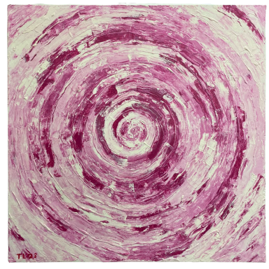 Abstraktes Gemälde mit kräftigen konzentrischen Kreisen in Magenta und Weiß.