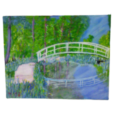 Gemälde einer weißen geschwungenen Gartenbrücke über einem Teich, umgeben von üppigen grünen Pflanzen.