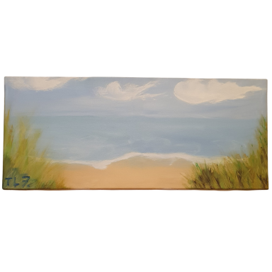 Küstenlandschaft mit Sandstrand, Dünengräsern im Vordergrund, ruhigem Meer und bewölktem Himmel.