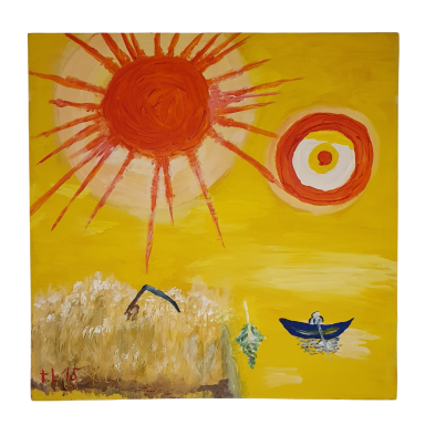 Fantasievolles Gemälde mit großer roter Sonne, leuchtend gelbem Himmel, einer zweiten Kreisform und einem kleinen blauen Boot.