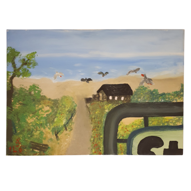 Gemälde einer ländlichen Landschaft mit einem Weg, grünen Bäumen, einem dunklen Haus und Vögeln am Himmel.