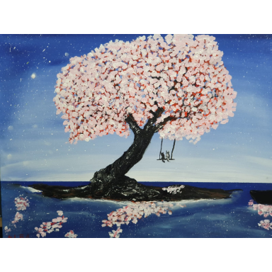 Gemalter Baum mit dichter rosafarbener Blütenkrone auf einer kleinen Insel, dessen Blüten sich im Wasser spiegeln.